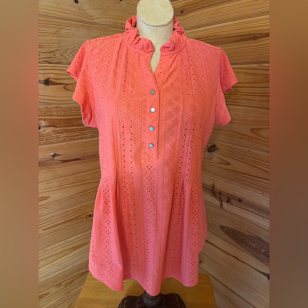 Kim Rogers Vibrant Coral Eyelet Blouse